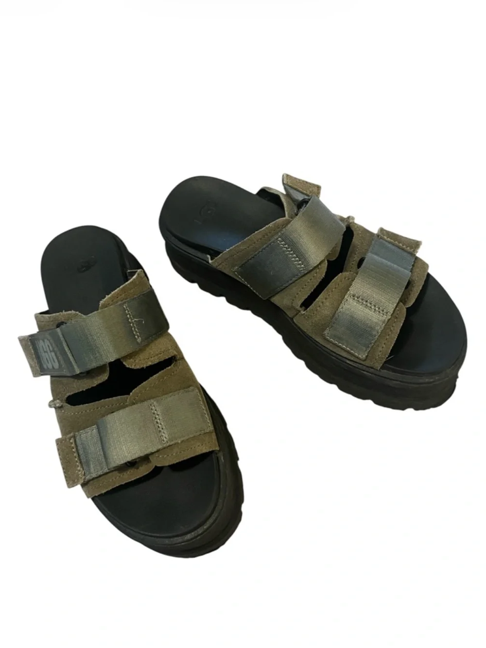 UGG Women’s Clem Suede Leather Burnt Olive Green Platform Slide Chunky Sandals 7